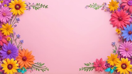 Obraz premium A border of bright and colorful flowers against a pastel pink background, creating a fresh and lively scene ideal for celebrations, invitations, or seasonal greetings