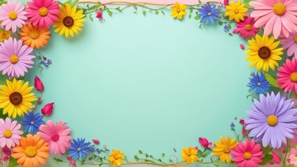 Obraz premium A vibrant floral arrangement framing a soft pink background, featuring colorful daisies and various flowers, perfect for spring-themed designs and cheerful compositions
