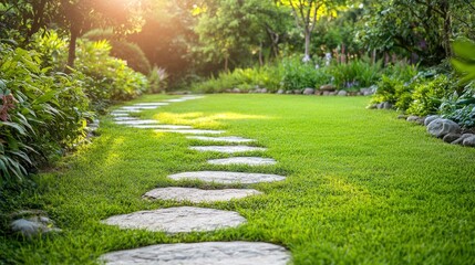 Stone path to sunny garden with lawn , ai