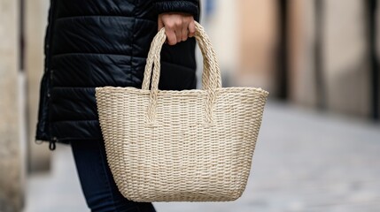 A close-up captures a woman in a floral dress and straw bag walking through Milan during fashion week as cars pass by in the urban landscape