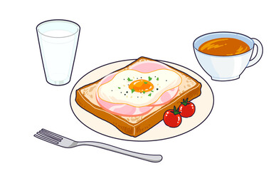 食パンの朝食手描きイラストセット