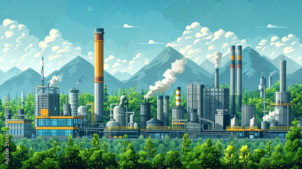 Wall mural Depict the reduction of greenhouse gas emissions with a creative graphic showing a factory transitioning from smoke stacks to clean energy solutions and lower CO2 levels. high resolution