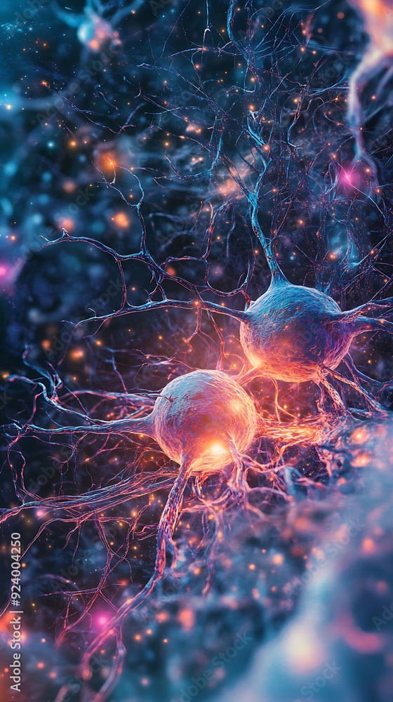 Aufkleber microscopic view of two interconnected neurons with glowing axons