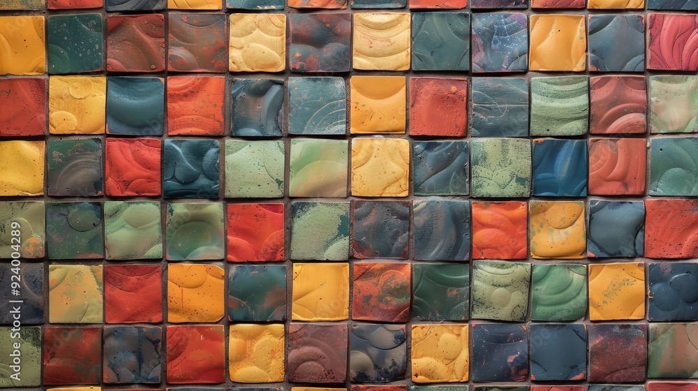 Aufkleber a multicolored tile wall with a pattern of small squares