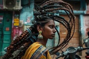 Cool Indian woman with flying braids walking confidently on a vibrant street.