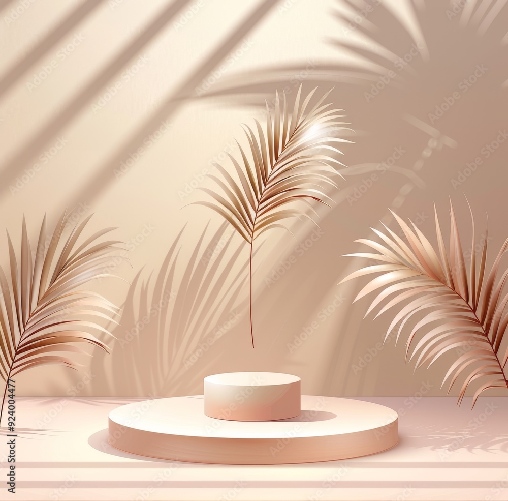 Poster minimal abstract background with palm leaves and podium for product display