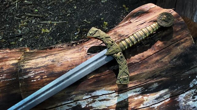 Beautiful medieval sword with bronze hilt lies on an old felled stump in the forest.