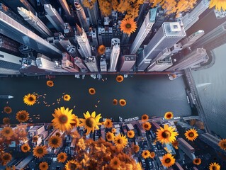 Obraz premium Aerial Perspective of a Vibrant Modernist Metropolis Mirrored in the Flowing Autumnal Sunflower Field Below
