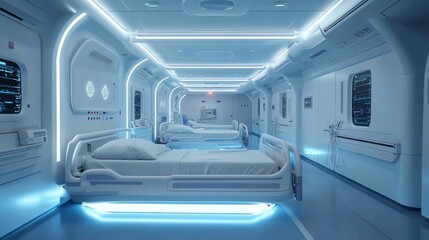 Futuristic Healthcare Facilities with AI Integration: Hospitals using AI to enhance patient care and diagnostics.