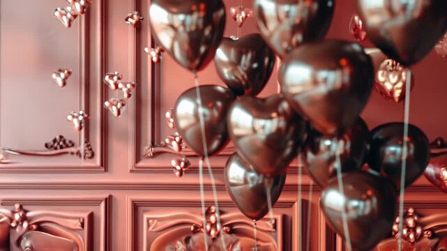 A bunch of heart-shaped balloons in chocolate color are arranged on sticks for a festive event decoration