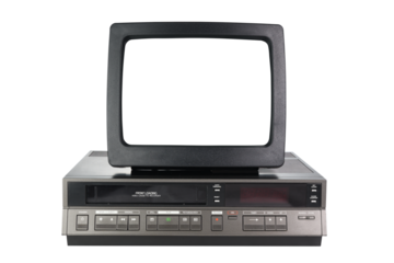 Old black vintage TV with white screen and VCR from 1980s, 1990s, 2000s isolated on white background.