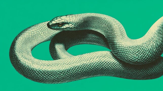 A modern and sleek digital illustration of a snake coiled in a circle symbolizing renewal and continuous growth with a gradient of green shades and metallic accents