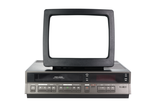 Old black vintage TV with white screen and VCR from 1980s, 1990s, 2000s isolated on white background.