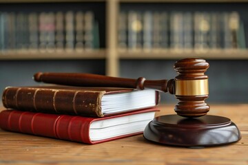 Beautiful law book and gavel on a wooden table in a courtroom, symbolizing justice and legal proceedings.