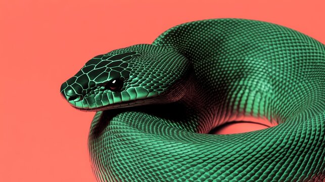 A modern and sleek digital illustration of a snake coiled in a circle symbolizing renewal and continuous growth with a gradient of green shades and metallic accents