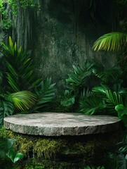 Obraz premium Stone podium in dense tropical forest, moss, ai