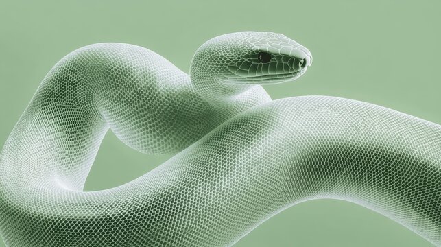 A modern and sleek digital illustration of a snake coiled in a circle symbolizing renewal and continuous growth with a gradient of green shades and metallic accents