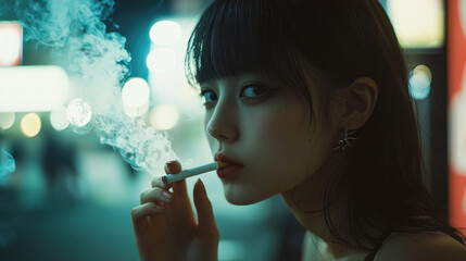 Fototapeta premium 女, 女性, アジア人, 日本人, タバコ, 煙, タバコを吸う女性, 喫煙, woman, female, Asian, Japanese, Cigarette, Smoke, Smoking, Smoking women