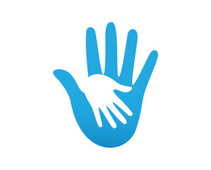 Palm of child in adult solid icon, kids protection concept, helping hand sign