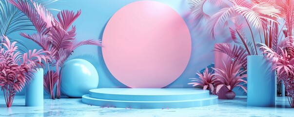 Minimalist stage design with pastel pink and blue colors surrounded by green tropical plants