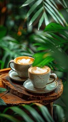 Two cups of coffee on a wooden table surrounded by green plants, creating a cozy and peaceful atmosphere
