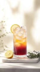 Fototapeta premium A tall, pastel orange and red gradient glass filled with ice cubes to the top