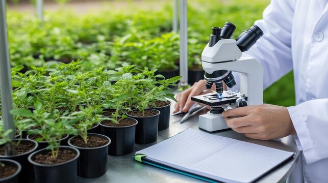 A scientist in protective gear carefully examines a test tube under a microscope while documenting findings in a laboratory