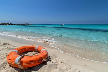 Obraz premium Beautiful lifebuoy on the sandy beach in front of the idyllic sea.