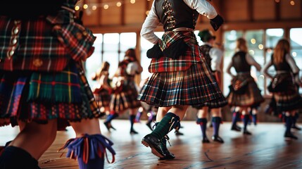 A lively Scottish Highland dance competition showcases participants in colorful kilts celebrating heritage.