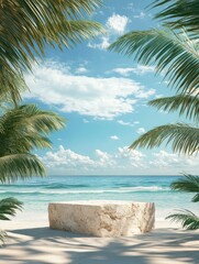 Fototapeta premium Stone podium on the beach with palm trees, sea surface, ai