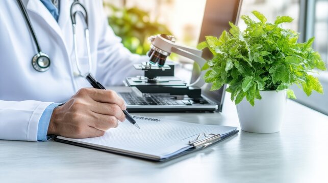 A scientist in protective gear carefully examines a test tube under a microscope while documenting findings in a laboratory
