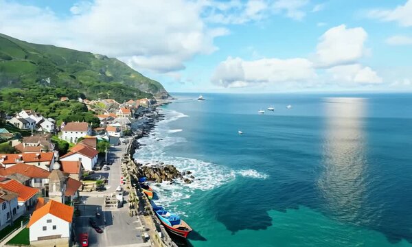 aerial drone iconic village near ocean seamless looping overlay 4k virtual video animation background