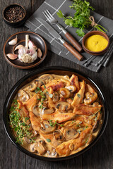 chicken stroganoff in a baking dish, top view
