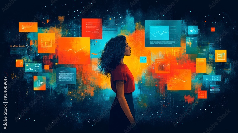 Poster a woman surrounded by digital screens and holograms symbolizing the depth of knowledge in the age of