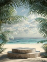 Fototapeta premium Stone podium on the beach with palm trees, sea surface, ai