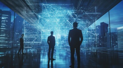 Corporate professionals in action, overlaid with a futuristic digital network interface