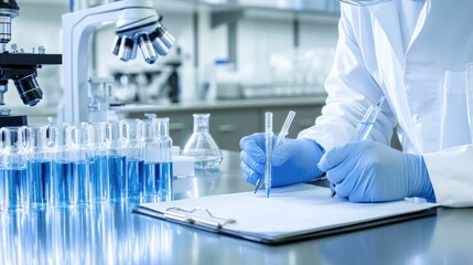 A scientist in protective gear carefully examines a test tube under a microscope while documenting findings in a laboratory