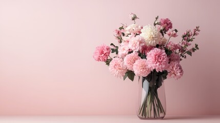 A beautiful bouquet of pink and white flowers arranged neatly in a transparent glass vase, set against a soft pink background, perfect for home decor or gift-giving.