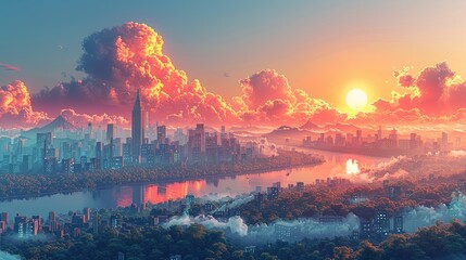 Visualize a global warming scenario with a cityscape experiencing extreme weather events and rising temperatures, highlighting the urgent need for emission reduction and climate action. high