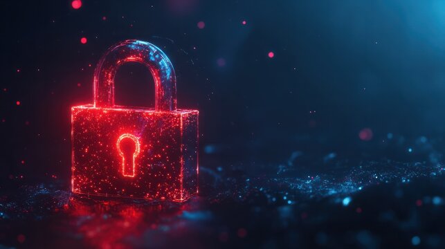 Digital red glowing padlock made of glowing atoms, for computing system on dark blue background, cyber security technology for fraud prevention and privacy data network protection concept