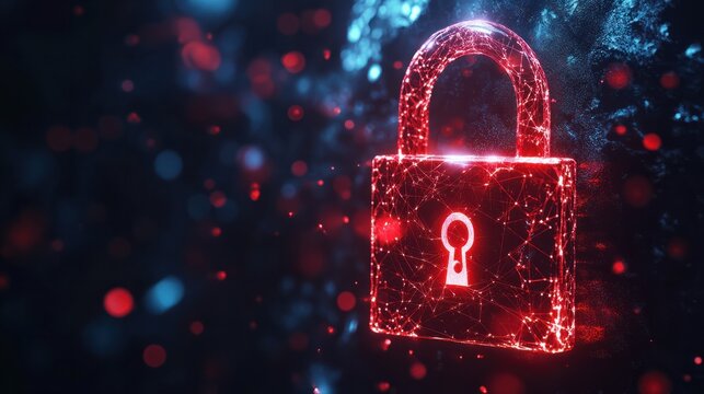 Digital red glowing padlock made of glowing atoms, for computing system on dark blue background, cyber security technology for fraud prevention and privacy data network protection concept