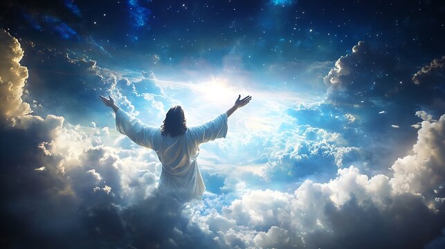 jesus in heaven reaching his arm out towards the world