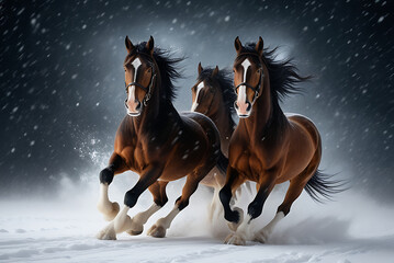 Mesmerizing blur of snow as majestic Clydesdales gallop through a fierce nighttime blizzard, creating a sense of motion and struggle