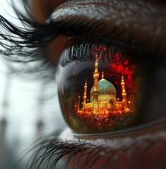an human eye with shrine reflected 