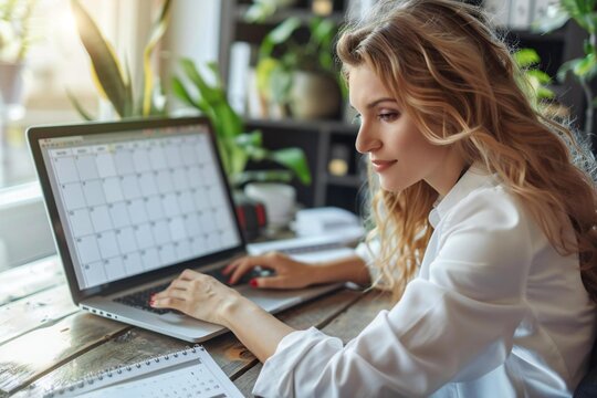 Beautiful businesswoman looking at a calendar on her laptop computer, planning her daily agenda.