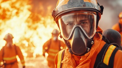 Obraz premium Firefighter in full gear, standing in front of a fire, looking determined.