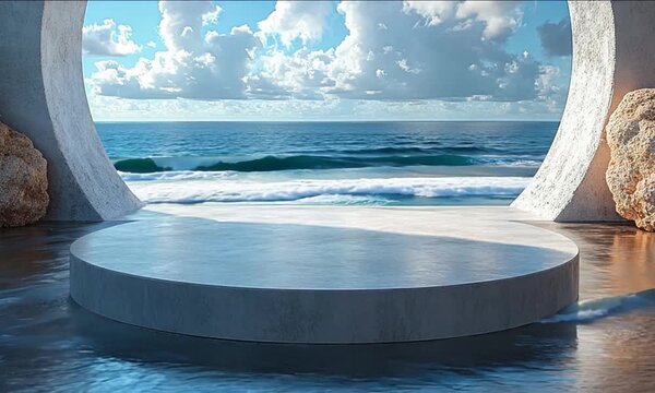 podium with copy space for product display presentation on beach with abstract background of blue sky and white clouds.