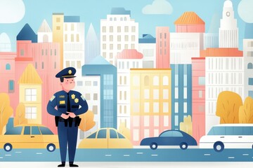 Naklejka premium Vibrant City Traffic Control - Illustrative Police Officer Directing Traffic in Colorful Urban Setting, Vector Hand-Drawn Law Enforcement Occupation Scene