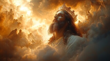 Jesus in the air, with the King's crown illuminated, with his white and shining robes, with his angels all around, above the clouds! With glory and majesty