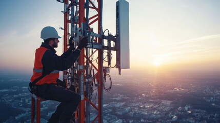 engineer working on a 5G telecommunication tower